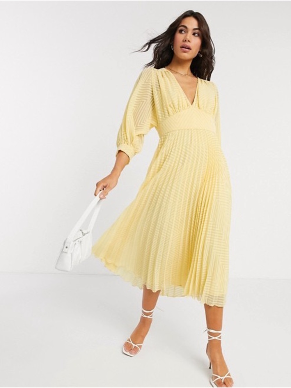 ASOS Design Pleated Batwing Midi Dress in Lemon Yellow Chevron Texture Size 12